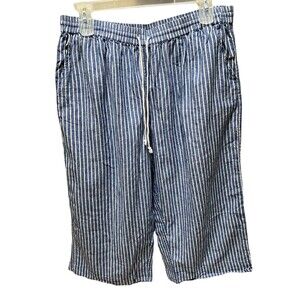 Blue White Striped Linen Blend Capri Gaucho Bennett Pants Sz XL Coastal Maritime